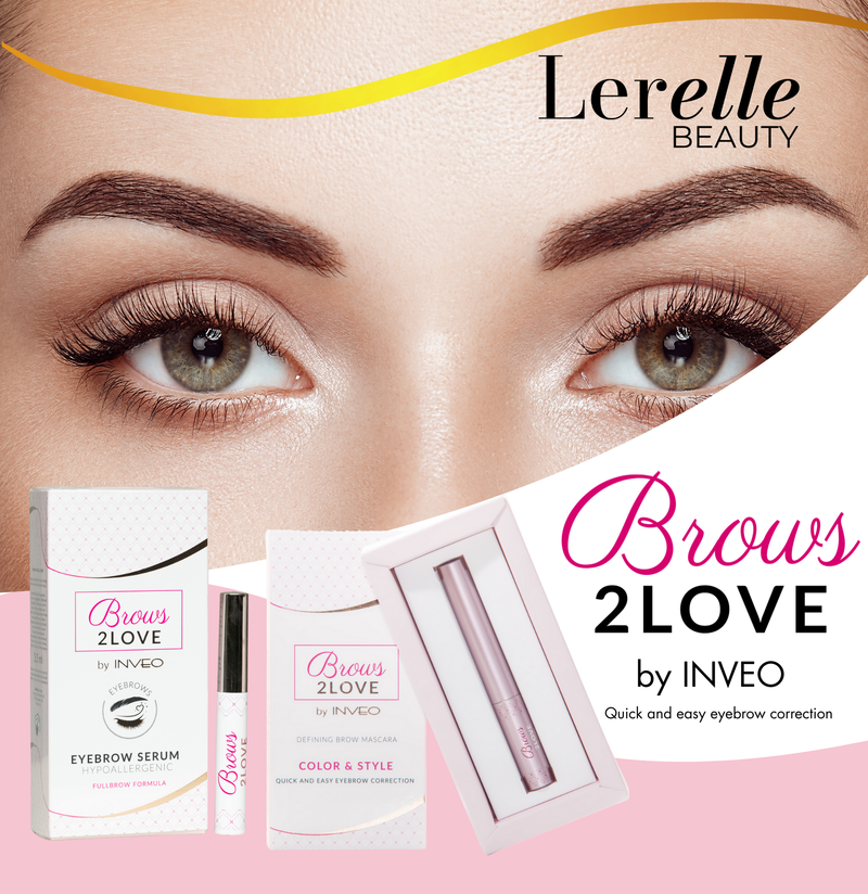 Lerelle Beauty Brow products with a close-up of eyes and eyebrow product packaging.