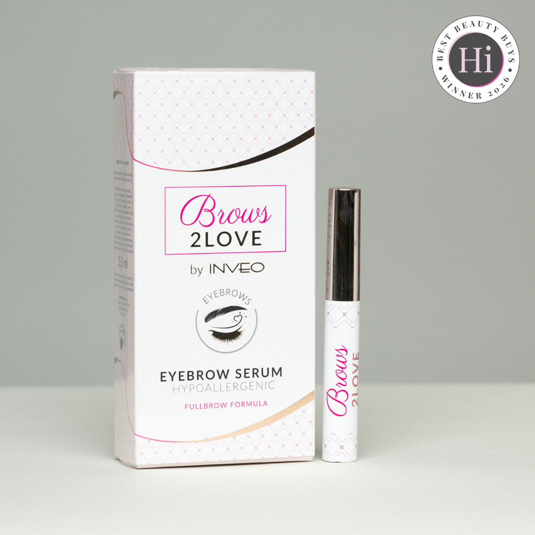 Eyebrow serum packaging with 'Brows 2Love by Lerelle Beauty' branding on a gray background
