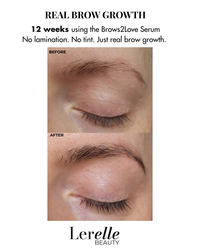 Before and after comparison of eyebrow growth using Brows2Love Serum by Lerelle Beauty.