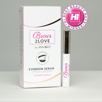 Eyebrow serum with packaging and 'Hi! Best Beauty Buy Winner' badge on a gray background