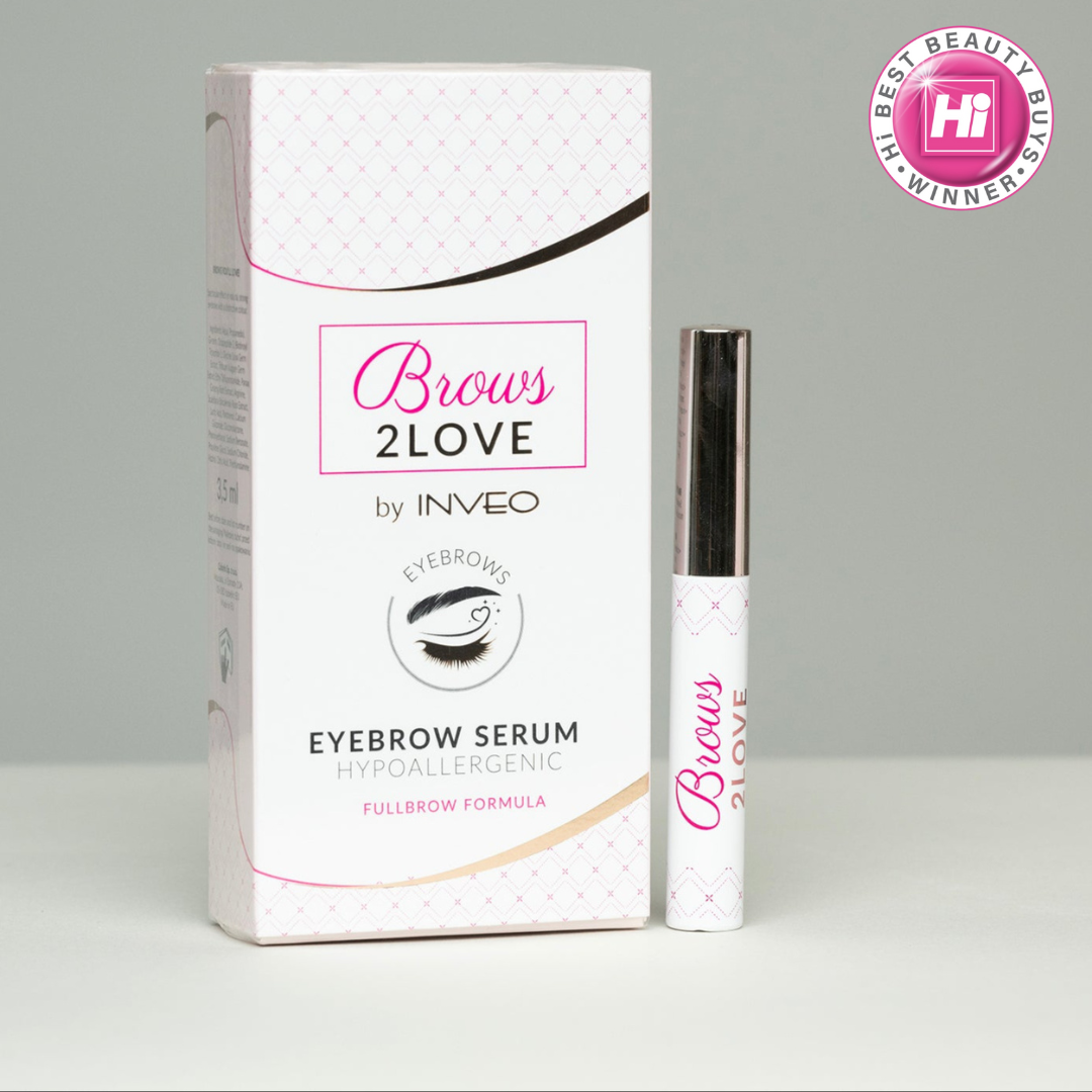 Eyebrow serum with packaging on a gray background, featuring 'Brows 2Love' branding.