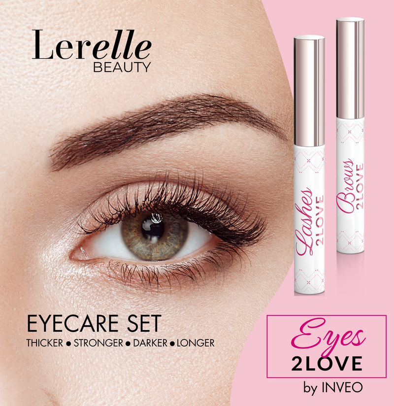 Eyecare set with eye cream and mascara on a pink background, featuring Lerelle Beauty branding.