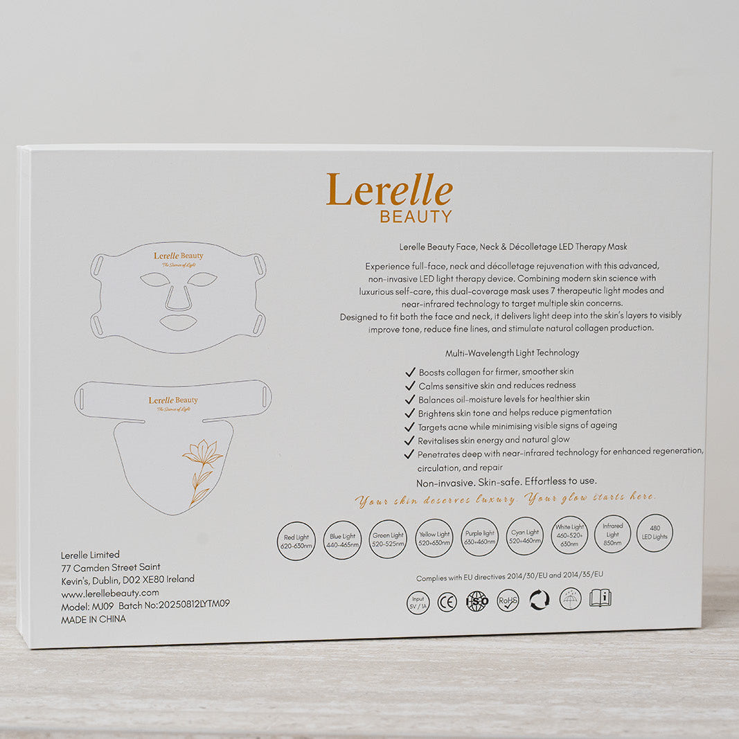 Lerelle Beauty LED Mask back of the box on a light grey background