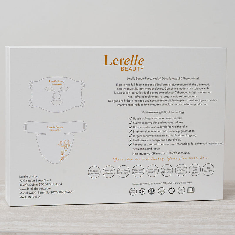Lerelle Beauty LED Mask back of the box on a light grey background