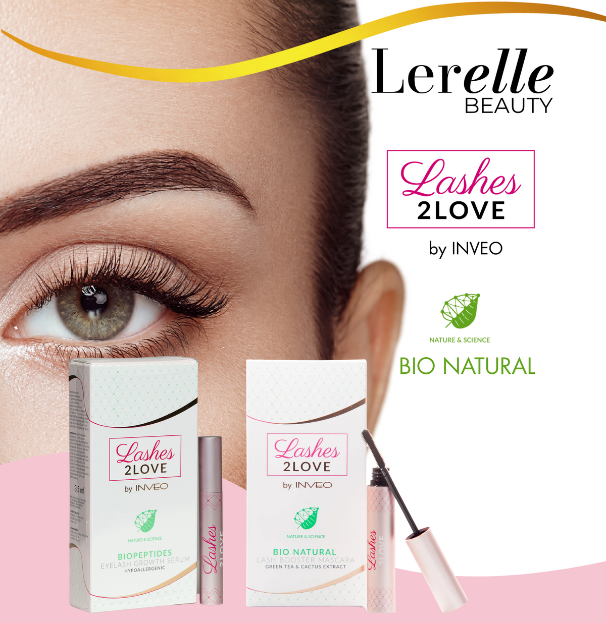 Lerelle Beauty Lashes 2Love by INVEO packaging with a close-up of an eye.