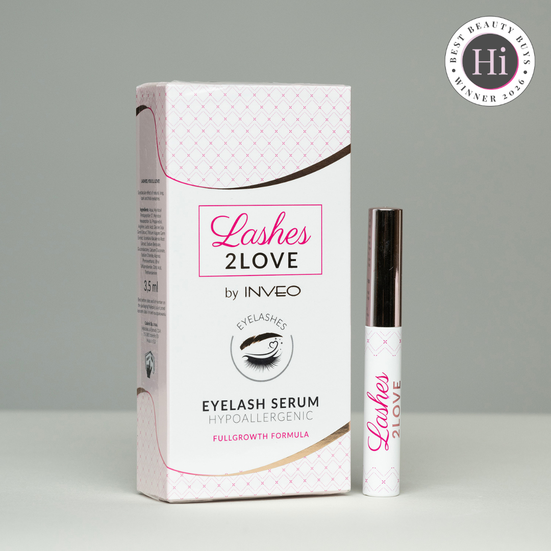 Eyelash serum packaging with 'Lashes 2Love' branding on a gray background