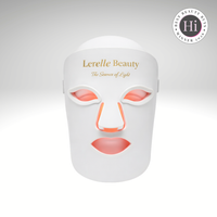 Lerelle Beauty LED face mask on a gray background with 'Hi' logo.