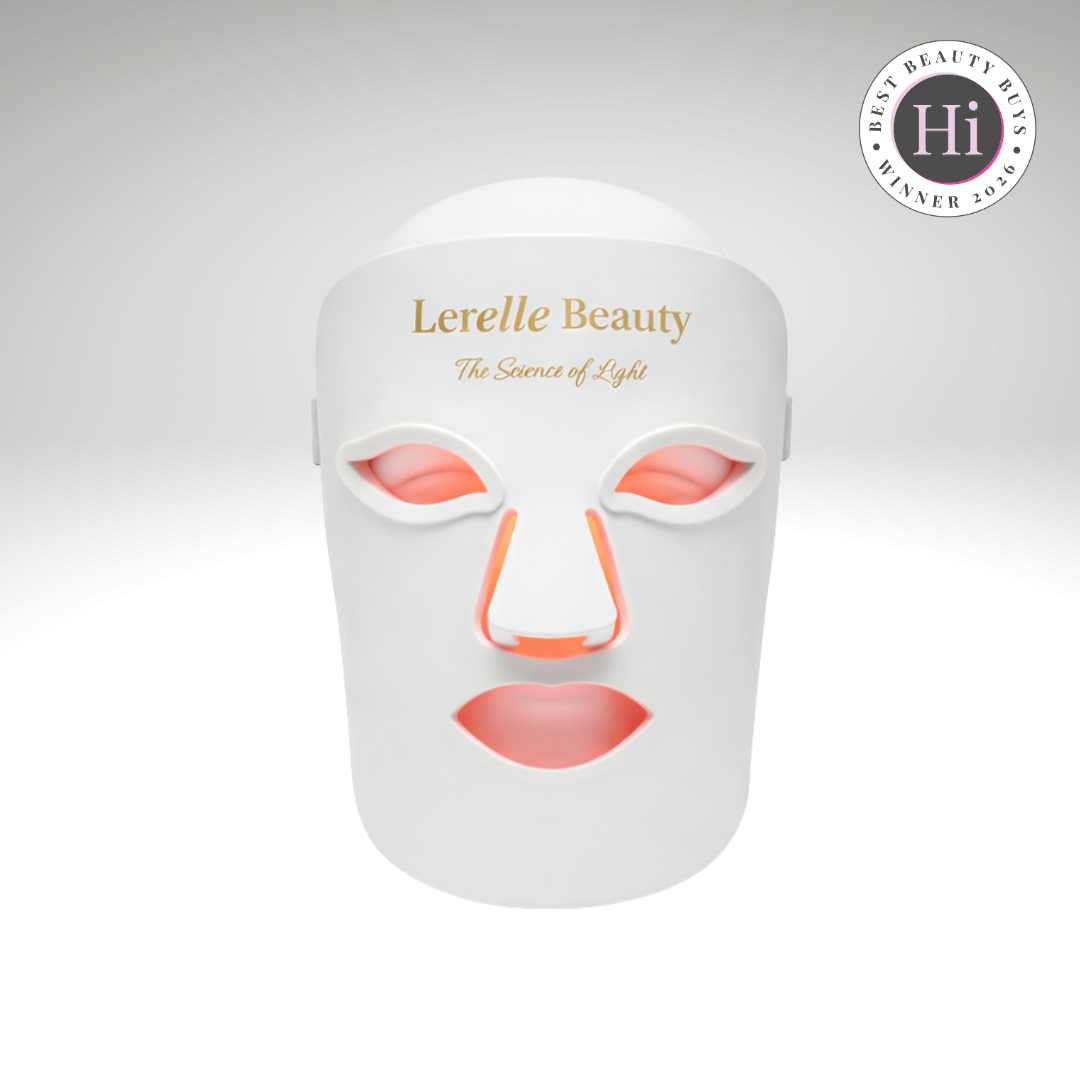 Lerelle Beauty LED face mask on a gray background with 'Hi' logo.