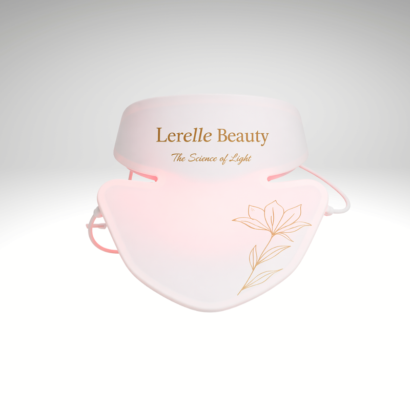 White  LED face mask with 'Lerelle Beauty' branding on a light gray background