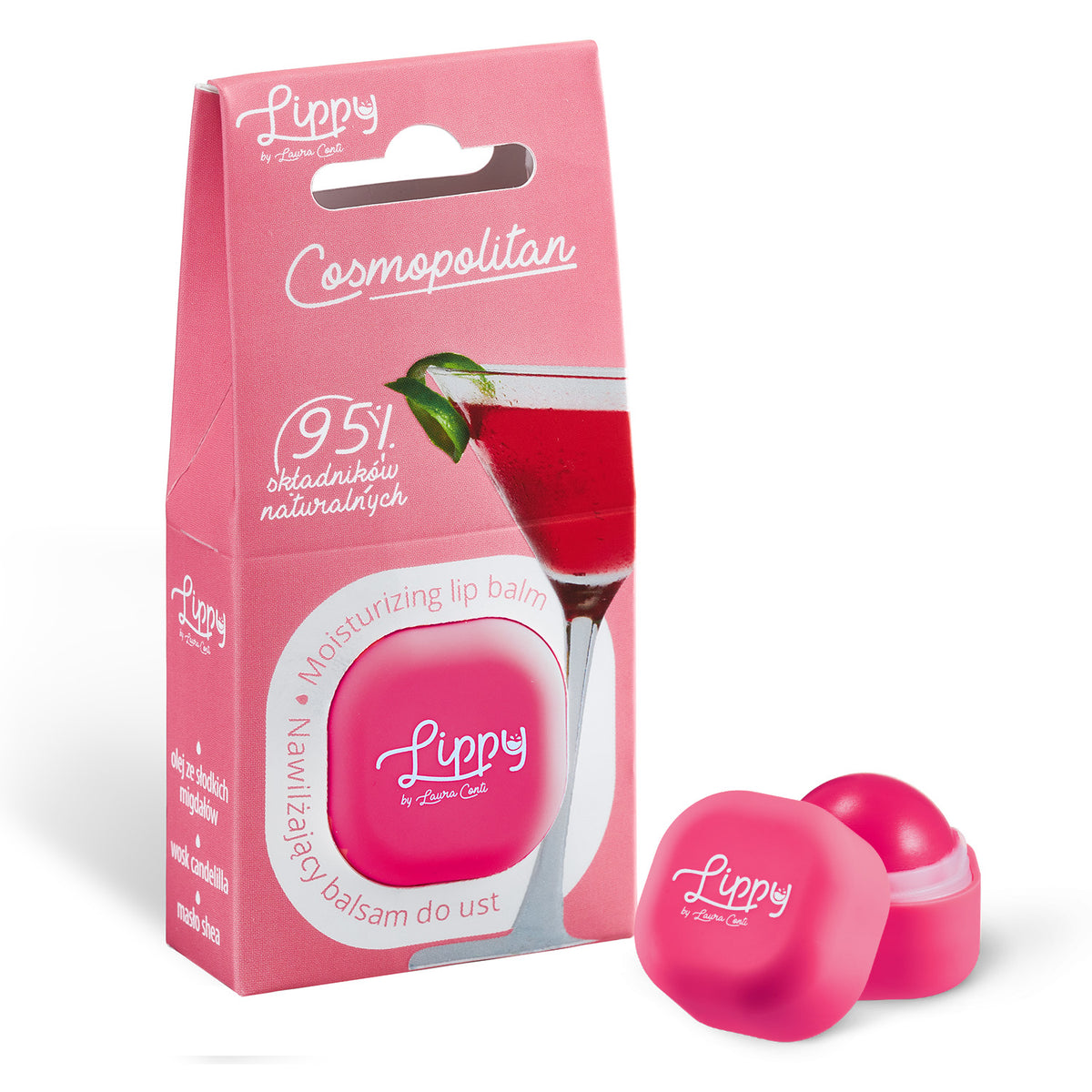 Pink lip balm with packaging featuring 'Lippy' branding on a white background