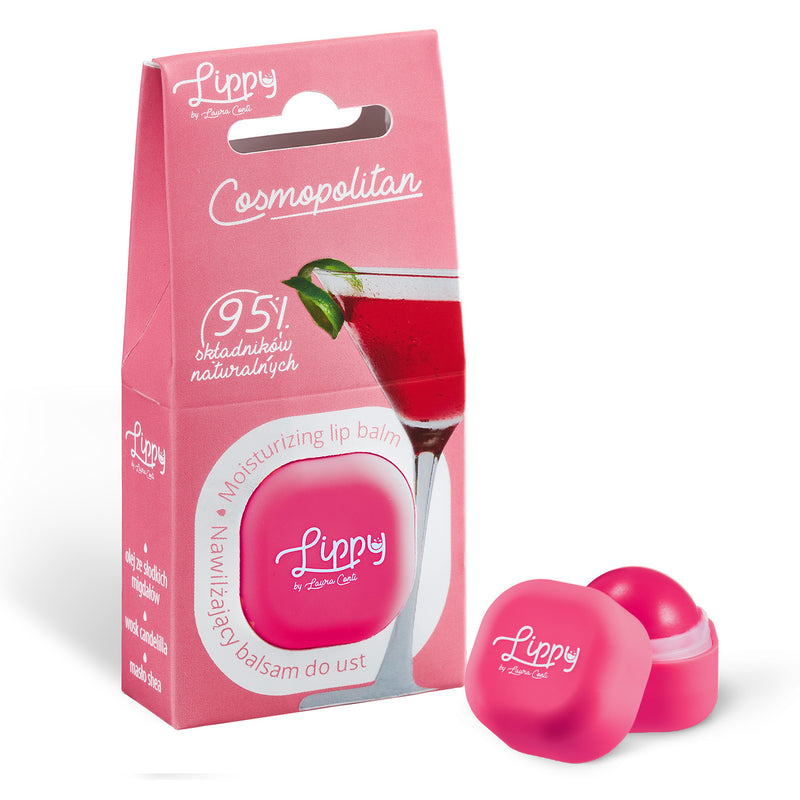Pink lip balm with packaging featuring 'Lippy' branding on a white background