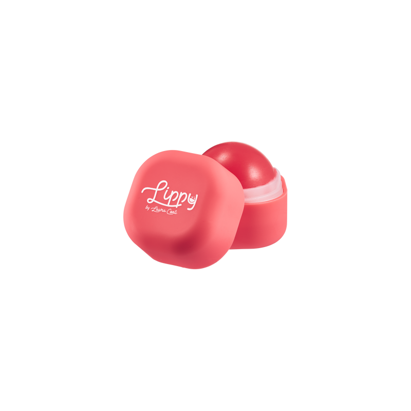Red lip balm with 'Lippy' branding on a white background