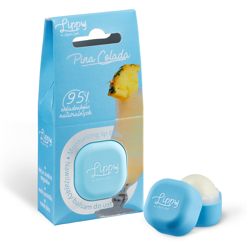 Lippy Pina Colada lip balm with packaging on a white background