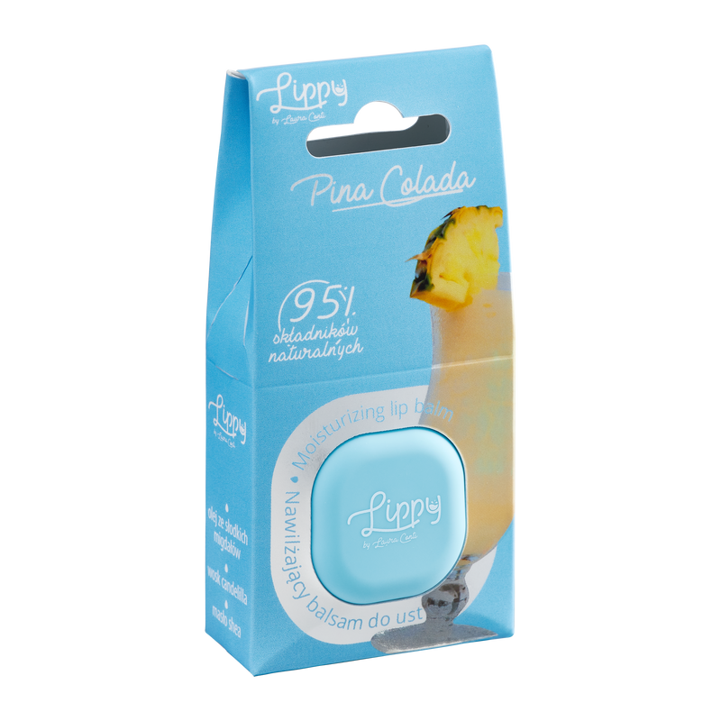 Lippy Pina Colada lip balm packaging on a white background