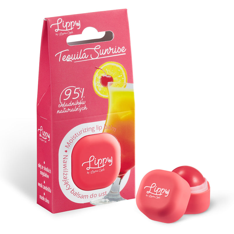 Lippy Tequila Sunrise lip balm packaging with product on a white background