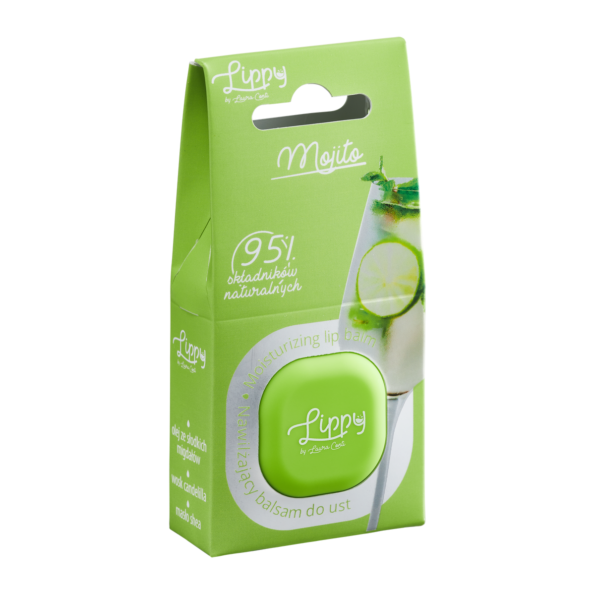 Green packaging of Lippy Mojito lip balm on a white background