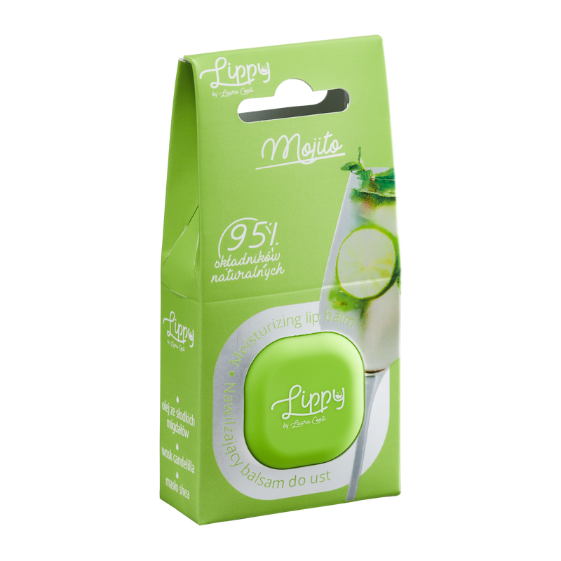 Green packaging of Lippy Mojito lip balm on a white background
