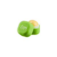Green lip balm container with a yellow lip balm inside on a white background
