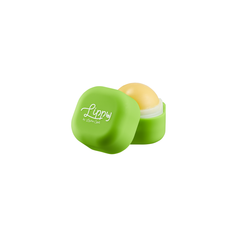 Green lip balm container with a yellow lip balm inside on a white background