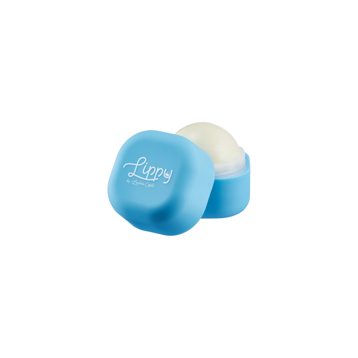 Blue lip balm container with white lip balm on a white background