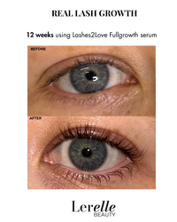 Before and after comparison of eye lashes using Lashes2Love Fullgrowth serum by Lerelle Beauty.