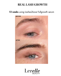Before and after comparison of eye lash growth using Lashes2Love Fullgrowth serum by Lerelle Beauty.