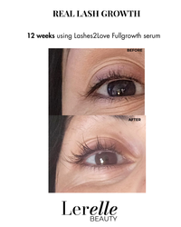 Before and after comparison of eye lashes using Lashes2Love Fullgrowth serum by Lerelle Beauty.