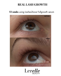 Before and after comparison of eye lash growth using Lashes2Love Fullgrowth serum by Lerelle Beauty.
