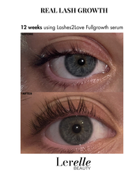 Before and after comparison of eye lashes using Lashes2Love Fullgrowth serum by Lerelle Beauty.