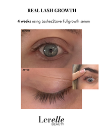 Before and after comparison of eye lashes using Lashes2Love Fullgrowth serum by Lerelle Beauty.