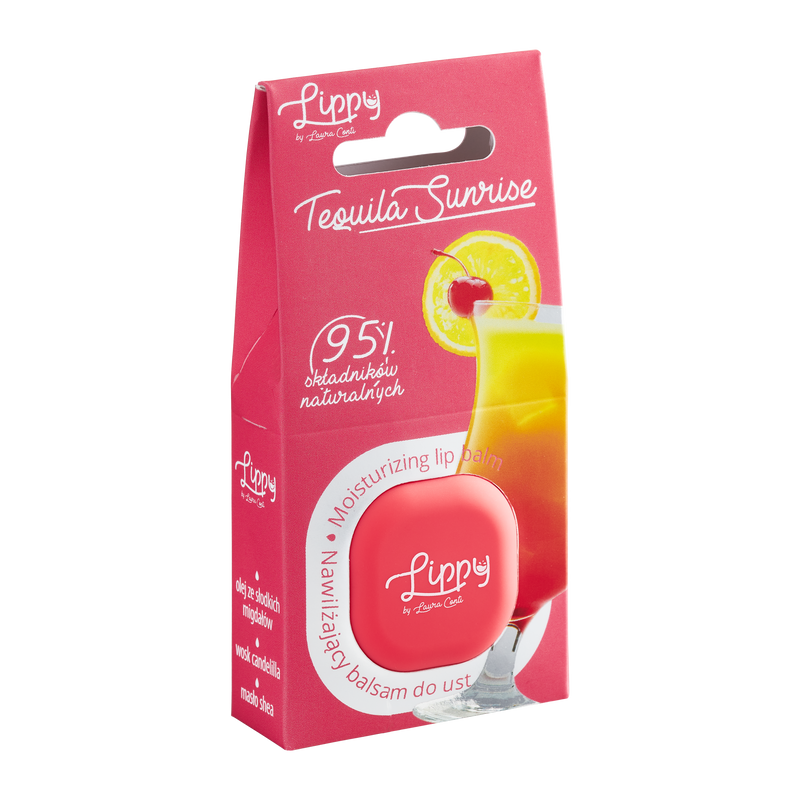 Lippy Tequila Sunrise lip balm packaging on a white background